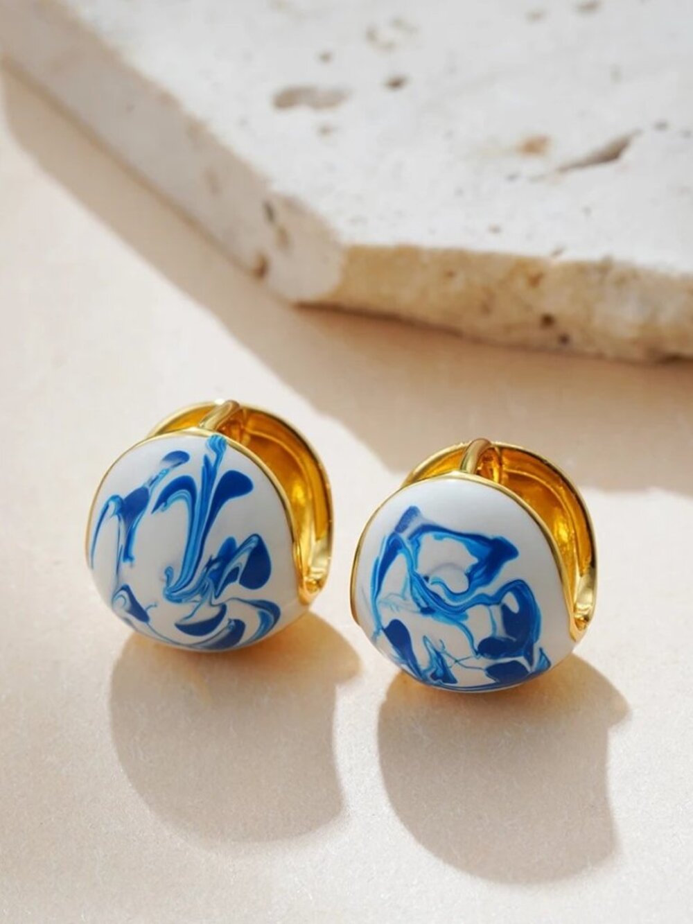 NEW 14K Yellow Gold White Blue Enamel Statement Earrings